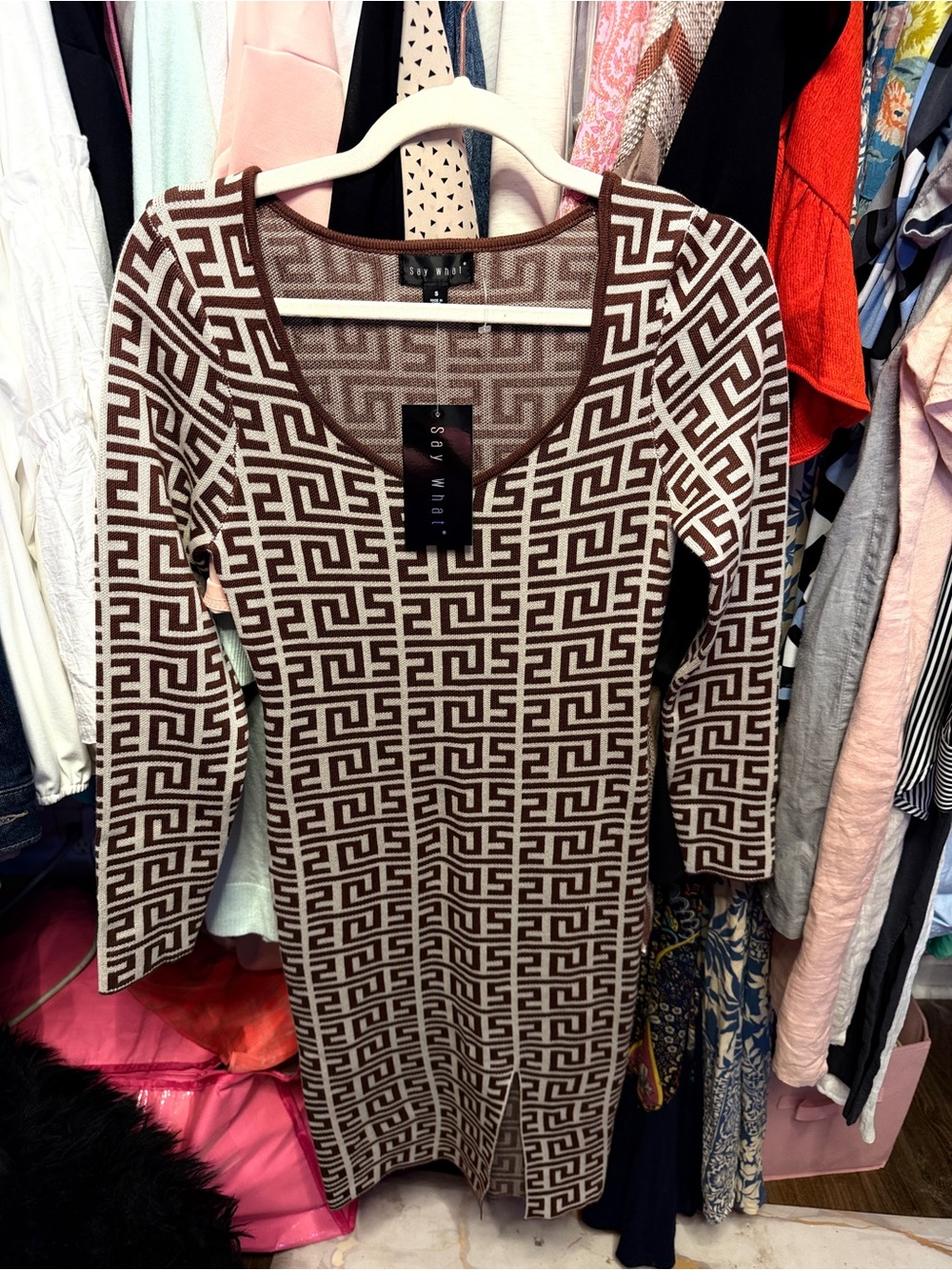 FENDI VIBES Fashion Brown & Cream Geometric Knit Dress